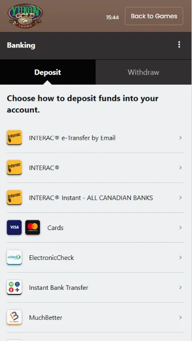 Méthodes de paiement YukonGold
